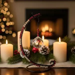 Festive candles and ornaments creating a cozy holiday ambiance.