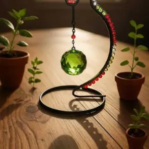 A green crystal ball hanging from a curved stand on a wooden table.