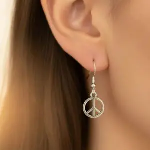 Silver peace symbol earring on an ear.