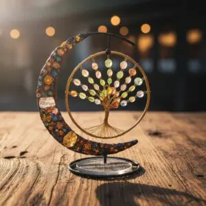 Decorative tree of life sculpture with colorful stones on wooden surface.