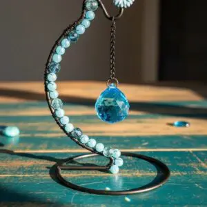 A spiral pearl necklace with a blue pendant hangs on a stand.